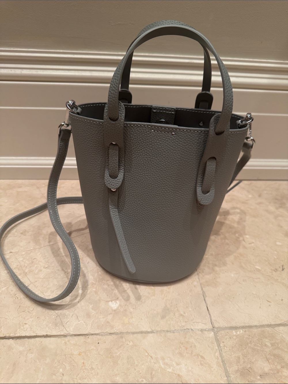 Classic Grey Leather Bucket Bag - Top Handle & Crossbody